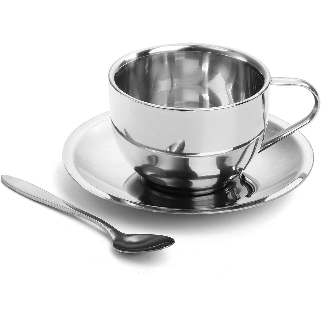 4 Pack Stainless Steel Coffee Cup Set, 6 Oz Coffee Mugs with Spoon and Saucer, Double Walled Espresso Cups Mugs for Coffee, Latte,Tea, Milk
