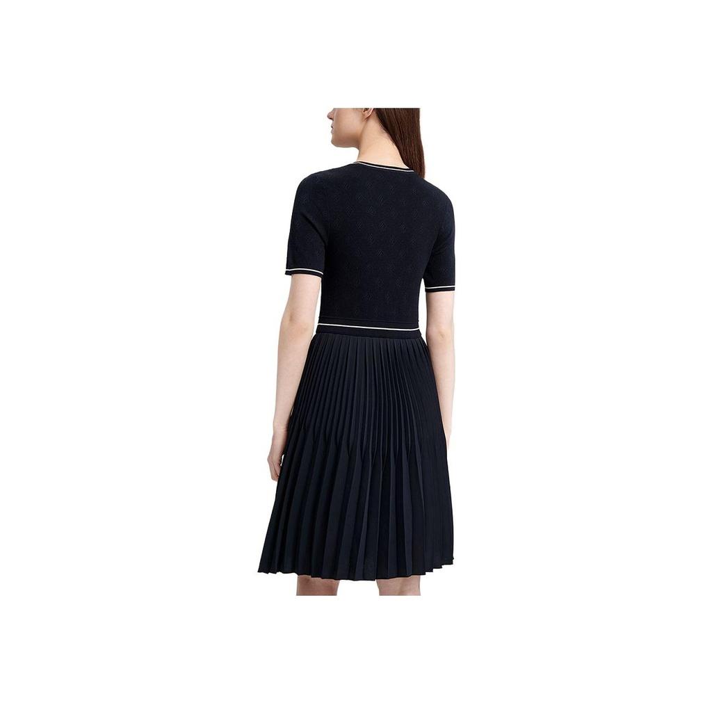 Fila Logo Print Elegant Woven Pleated Spliced Mid-Length Sleeve Pullover Dress Women Dresses Legendary-Blue F11W321302F-NV