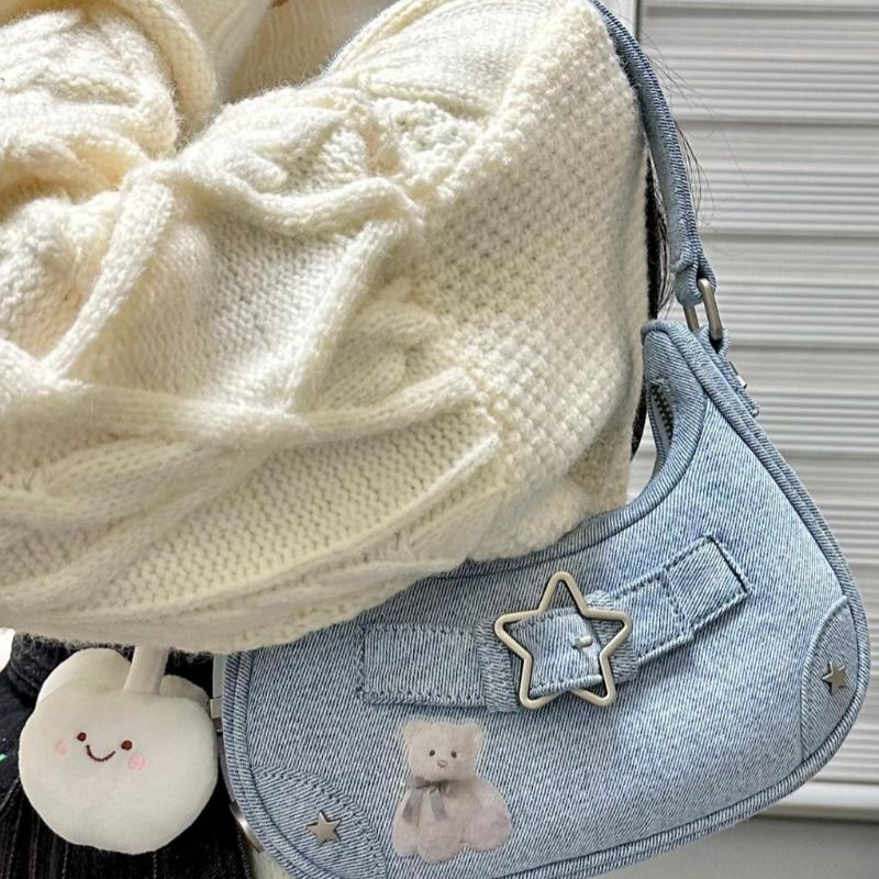 Fashion Women's Handbags Canvas Shoulder Bags Ladies Y2K Star Decor Underarm Bag Vintage Clutch Purses Casual Women Hobo Bags