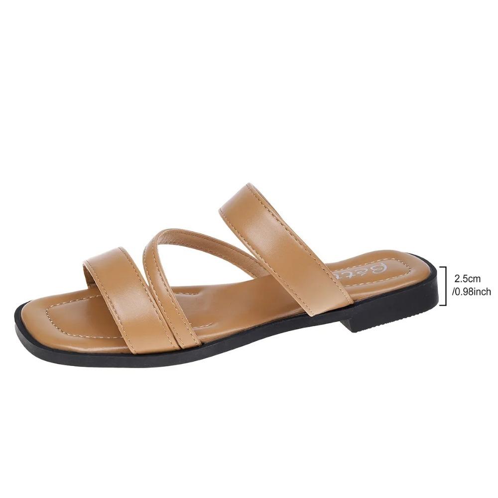 2025 Summer New Women's Flat Platform Slippers Vintage Beach Casual One-Piece Square Head Exposed Toe Simple Roman Slippers