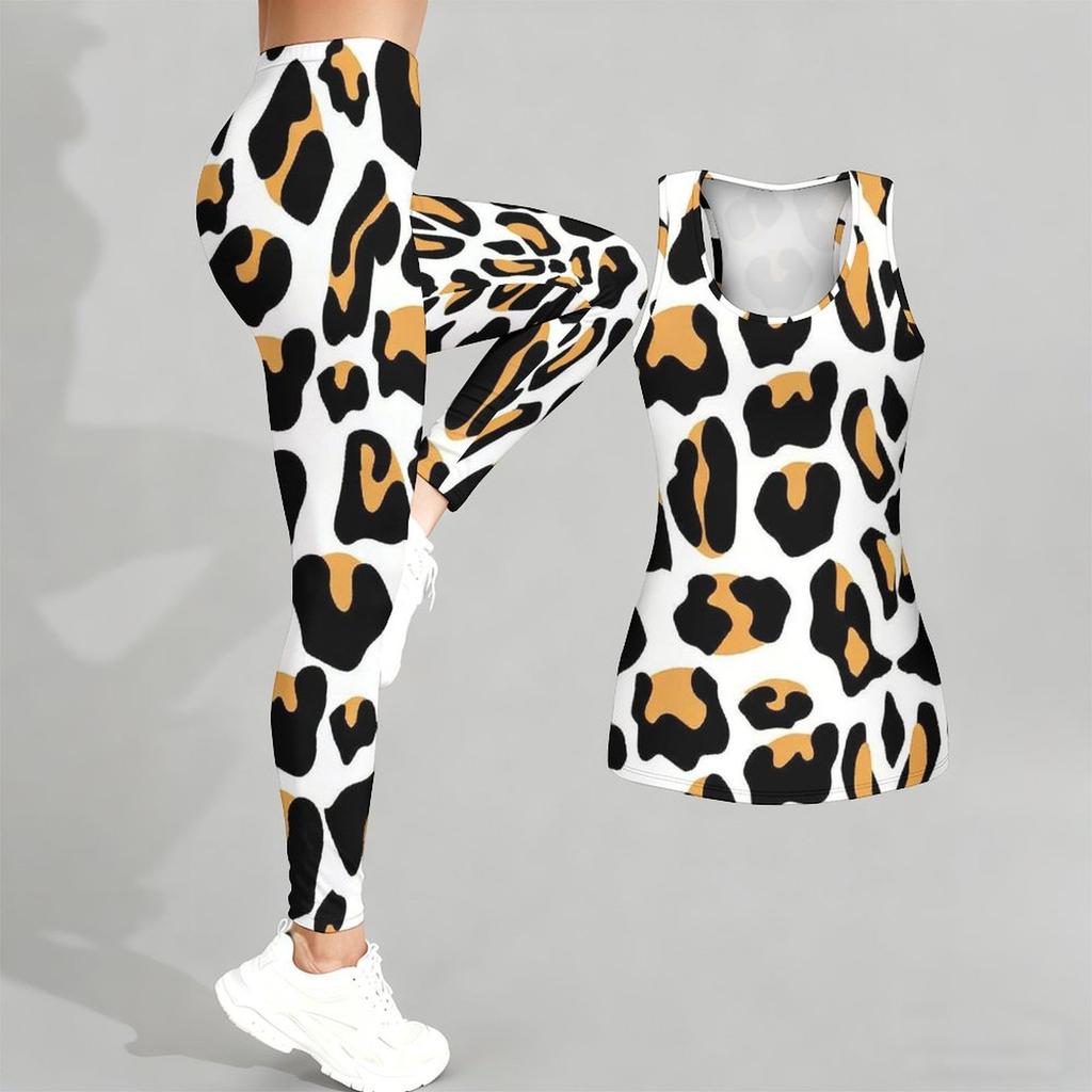 Leopardenmuster Yoga Outfit für Damen Mode Workout Leggings Fitness Sport Freizeit Yoga Set Sportanzug