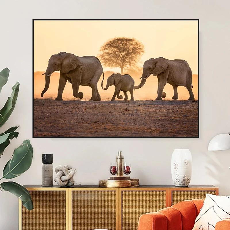 Elephant Baby Family Poster Print Modern Wildlife Animal Wall Art Canvas Painting Picture Nature Landscape for Living Roon Decor