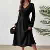 Spring and Summer Fashion V-Neck Lantern Long Sleeved Dress with Twisted Edges, Elegant Mid Length Dress