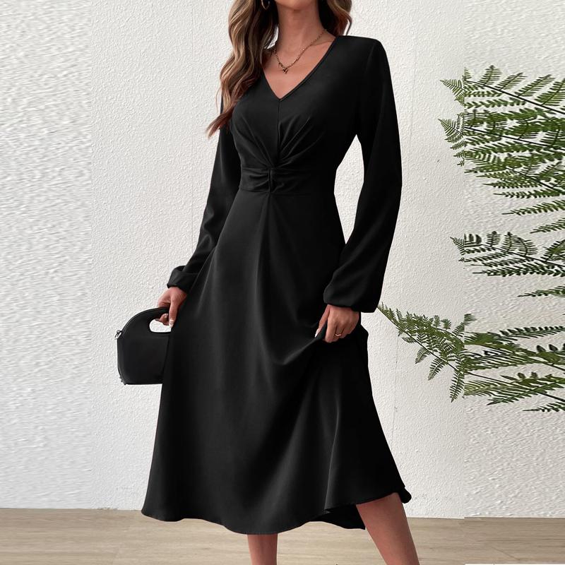 Spring and Summer Fashion V-Neck Lantern Long Sleeved Dress with Twisted Edges, Elegant Mid Length Dress
