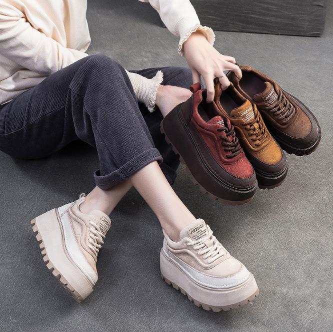 Fashion 6.5CM Women Mixed Colors Height Increasing Shoes Spring Autumn Cow Genuine Leather Round Toe Wedges Heel Platform Nop-slip Shoes
