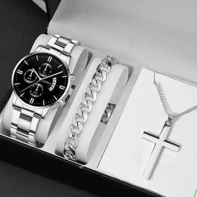 3pcs/set Men's Fashion Calendar Quartz Watch, Luxury Men's Business Stainless Steel Watch & Bracelet & Necklace