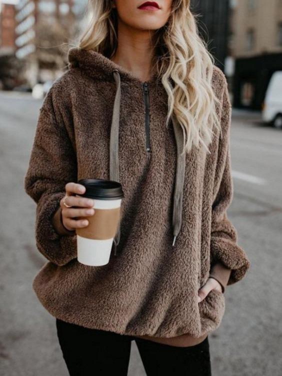 2023 Plus Size Women's Autumn & Winter Loose Hooded Solid Sweatshirt