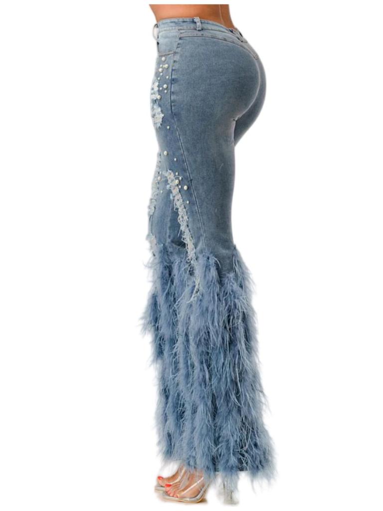 High Waist Distressed Pearl Feather Embellished Jeans