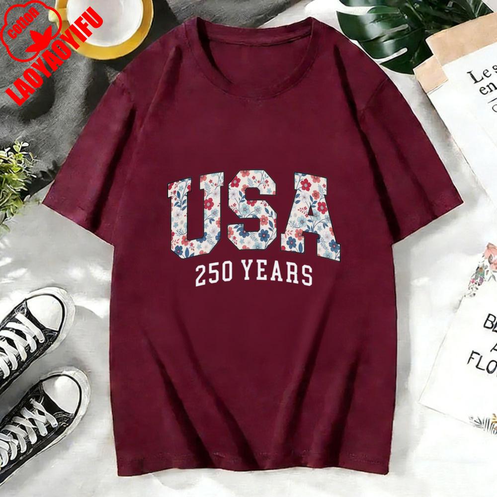 T Shirt Women Cotton Short Sleeve O Neck Casual Fashion Usa 250 Years Floral Print Top For Her Summer Holiday Gift