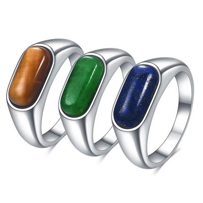 European and American 8MM Stainless Steel Ring with Inlaid Natural Stone - Versatile Retro Fashion Finger Ring