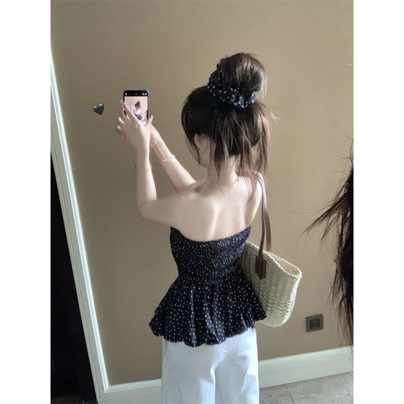 Kumikumi Sweet and Spicy Style Retro Floral Tube Top Vest Women Summer Slim fit Slimming Versatile Sleeveless off-the-Shoulder Top