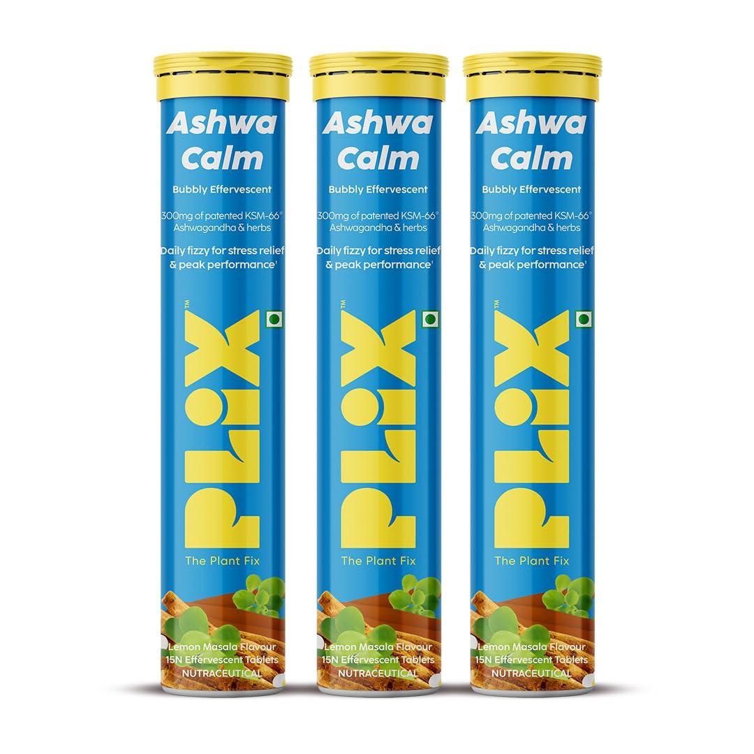 

PLIX - THE PLANT FIX Ashwagandha KSM-66 Effervescent Tablets with Bhringraj & Brahmi, 15 Tablets,X Pack of 3, Stress Relief