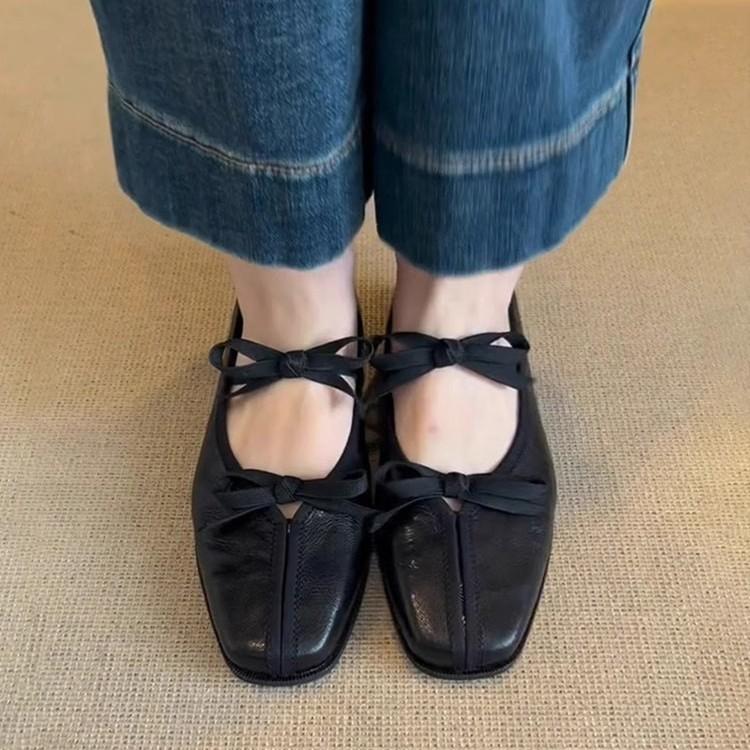 French Square Head Retro Bow Mary Jane Shoes Women's 2025 Spring New Shallow Mouth One Pedal Ballet Shoes