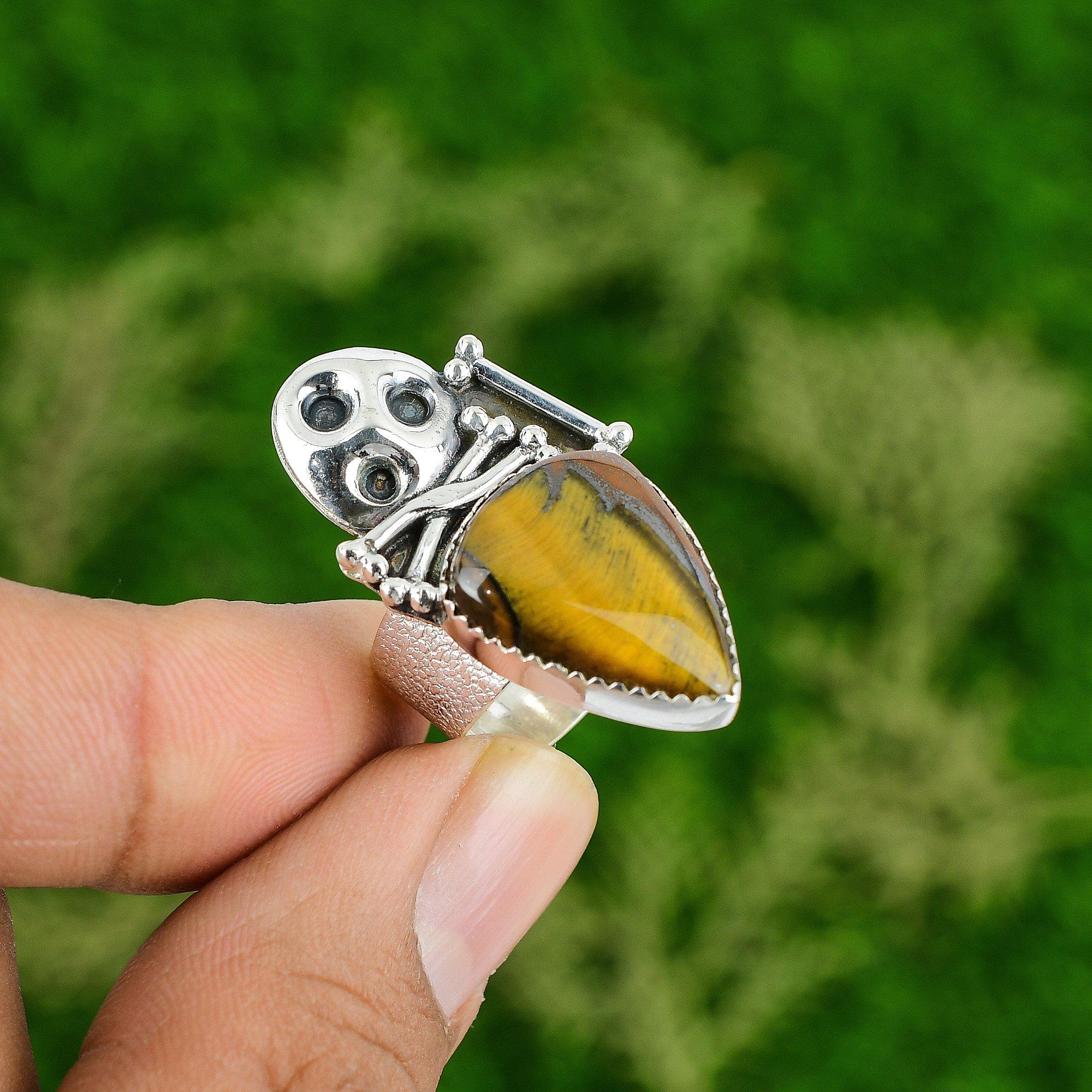 

Natural Tiger S Eye Skull And Bone Adjustable Ring 925 Silver For Women Adjustable