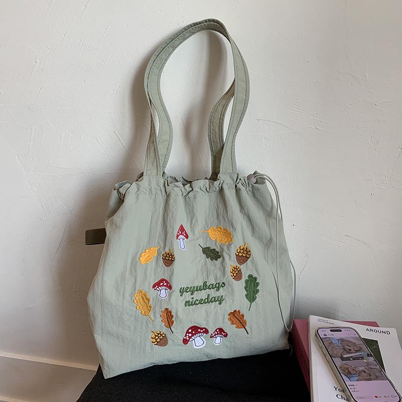 Vintage Embroidery Nylon Tote Shoulder Bag for Women Large Capacity Ladies Drawstring Shopper Bags Casual Portable Handbags
