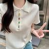 Front Shoulder Short Sleeve Polo Neck Knitted Sweater Women's Summer Design Sense Skinny Top Trend