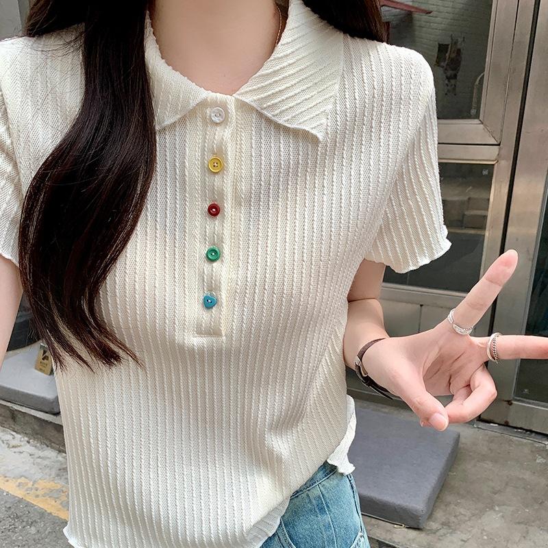 Front Shoulder Short Sleeve Polo Neck Knitted Sweater Women's Summer Design Sense Skinny Top Trend