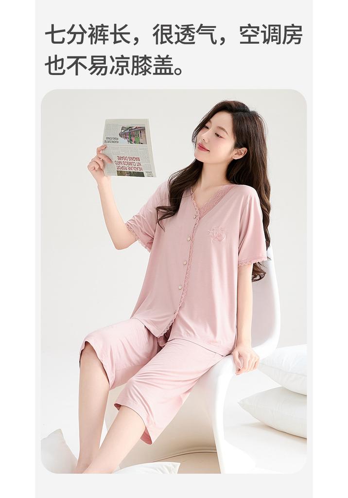 Fenteng [Soft Blended] Summer New Lace V-neck High End Short Sleeve Seven Leg Pants Home Clothes Set Women's Pajamas