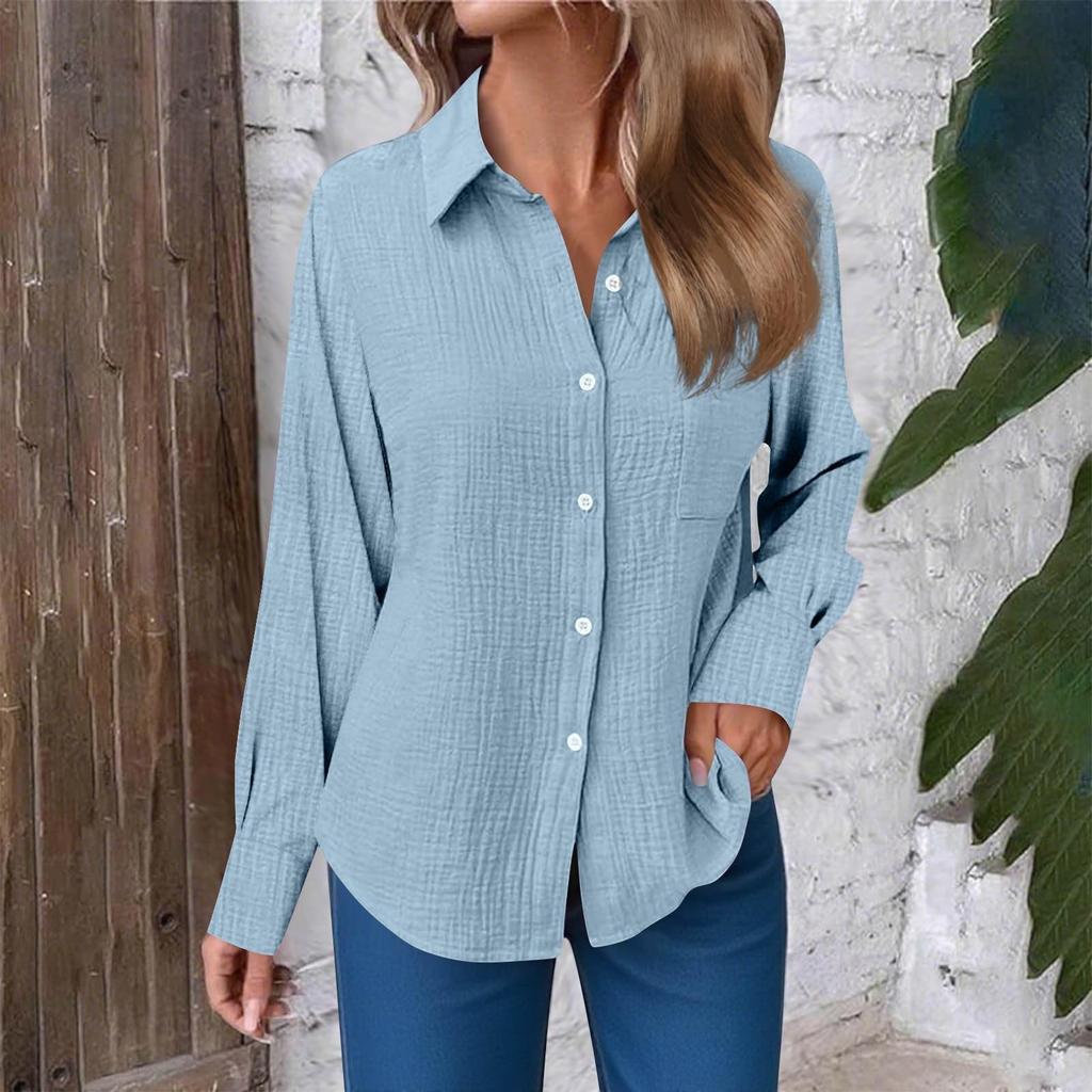 Women's Fashion Casual Solid Color Split Button Long Sleeve Shirt Top
