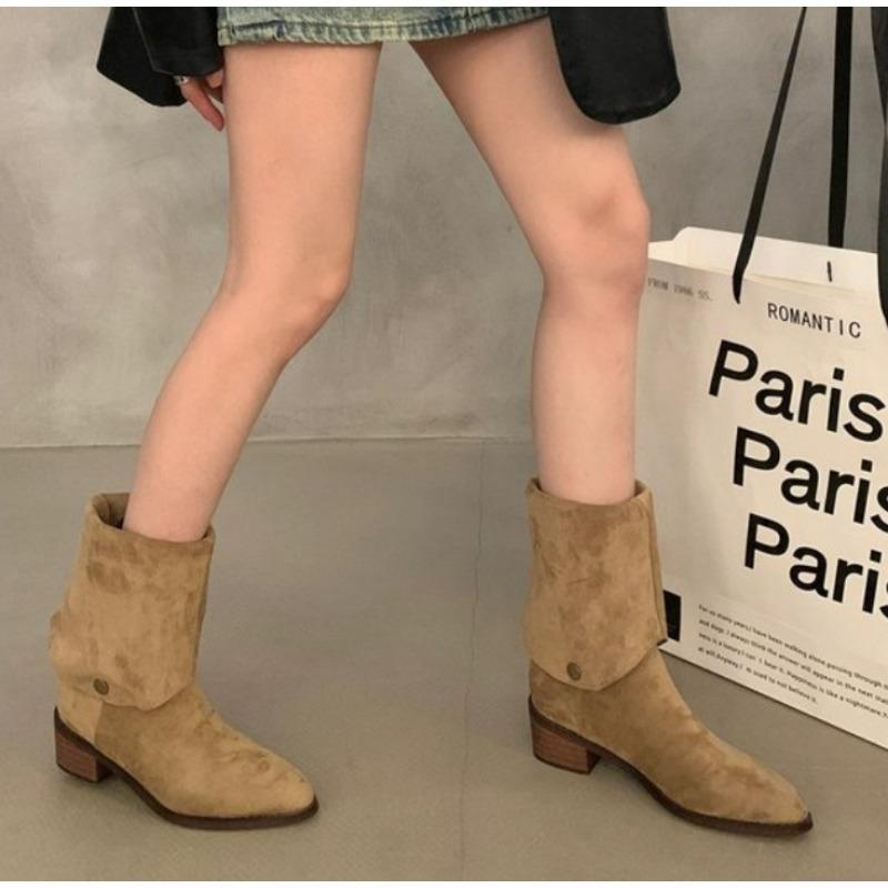 Fashion New Popular Retro Style Fold Button Women Knee-High Boots Fashion Pointed Toe Square Heels Casual Ladies Shoes Zapatos De Mujer