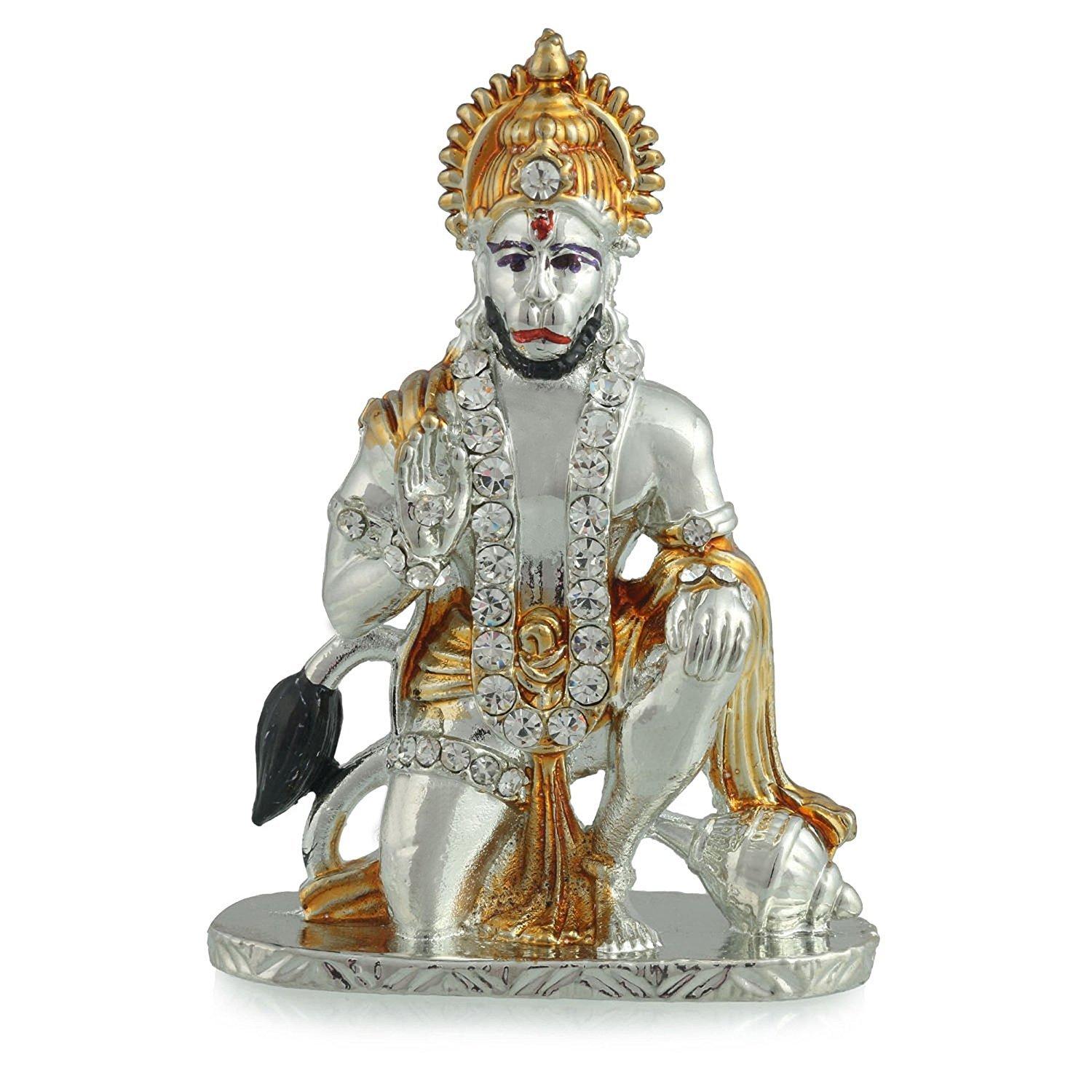 Metal Hanuman Ji Idol, Bala Ji For Car Dashboard, Silver Golden, Standard Size