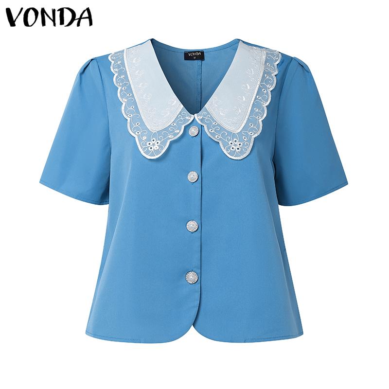

VONDA Women Lace Doll Collar Patchwork Casual Short Blouse S