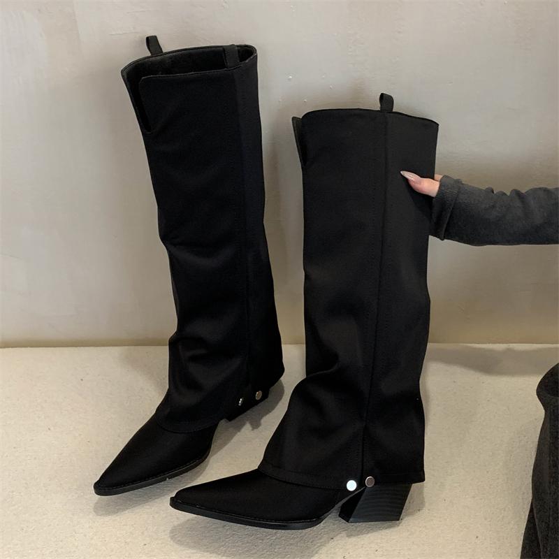 Eilyken Winter Fashion Pointed Toe Women Knee High Boots Designer Splicing Square Heels Shoes Elegant Button Long Bottes