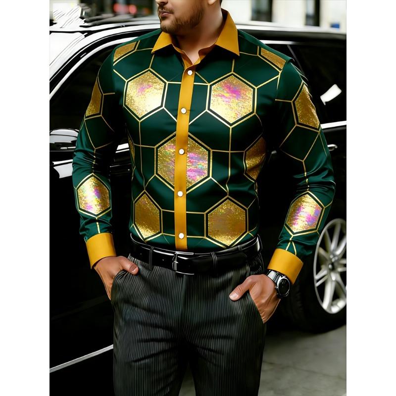 New 11 Color Men's Long Sleeved Shirt with Gold 3D Printing, Fashionable Color Block Pattern, Luxurious Shirt Style