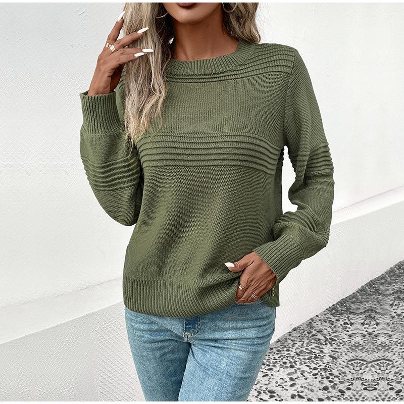 Autumn Casual Top Multi-Color Crew Neck Long Sleeve Jacquard Solid Color Women Sweater