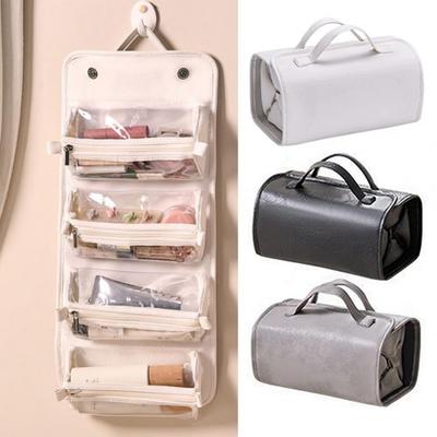 Foldable Leather Travel Cosmetic Bag Large Capacity Portable Women Makeup Case Waterproof Toiletry Makeup Organizer Storage Bag