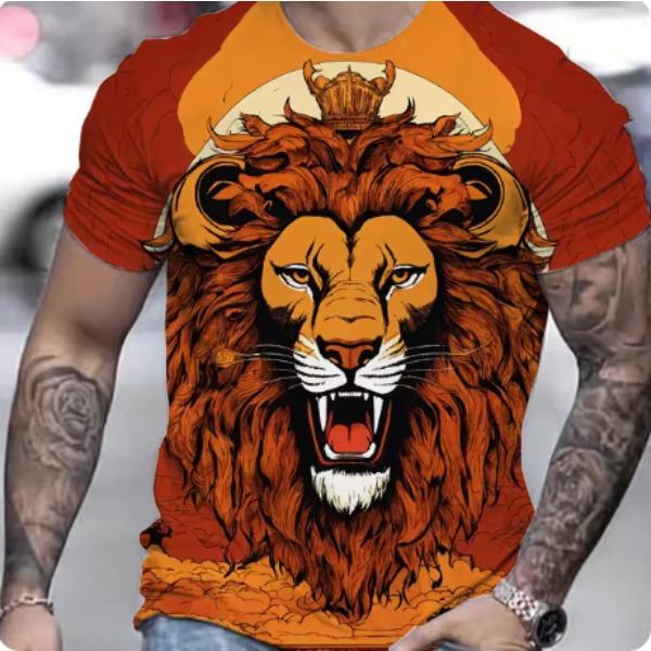 Summer Casual Men's Clothing Oversized Loose Lion Pattern Printed Short Sleeved Round Neck Fitness T-shirts
