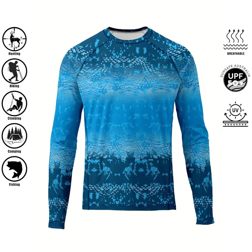 Herren Sommer Langarm Anglerhemd Schnelltrocknend Performance UPF 50+ UV-Schutz Blau Camouflage Oberteil