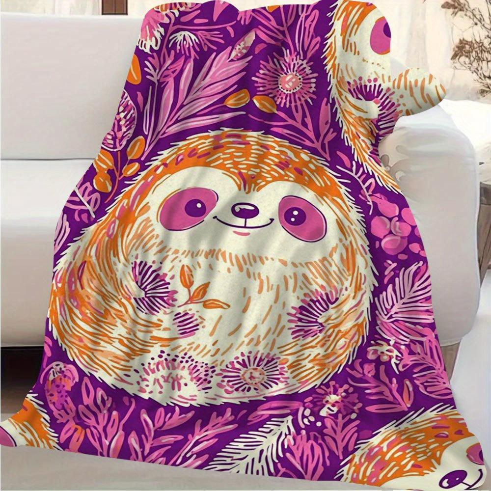 1pc 60x80 Inch Retro Sloth & Floral Print Blanket - Soft 100+ Thread Count All-Season Throw for Bedroom, Living Room, Office