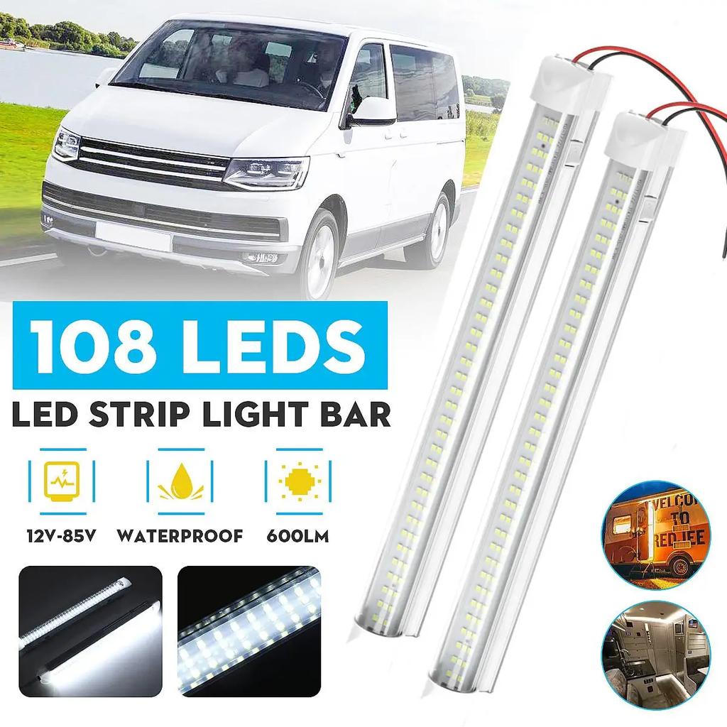 1/2Pcs 108LED Car Interior Lamp White Strip Light Bar Reading On/Off Switch Van Cabin Lorry Truck Camper Boat Caravan RV 12V 24V