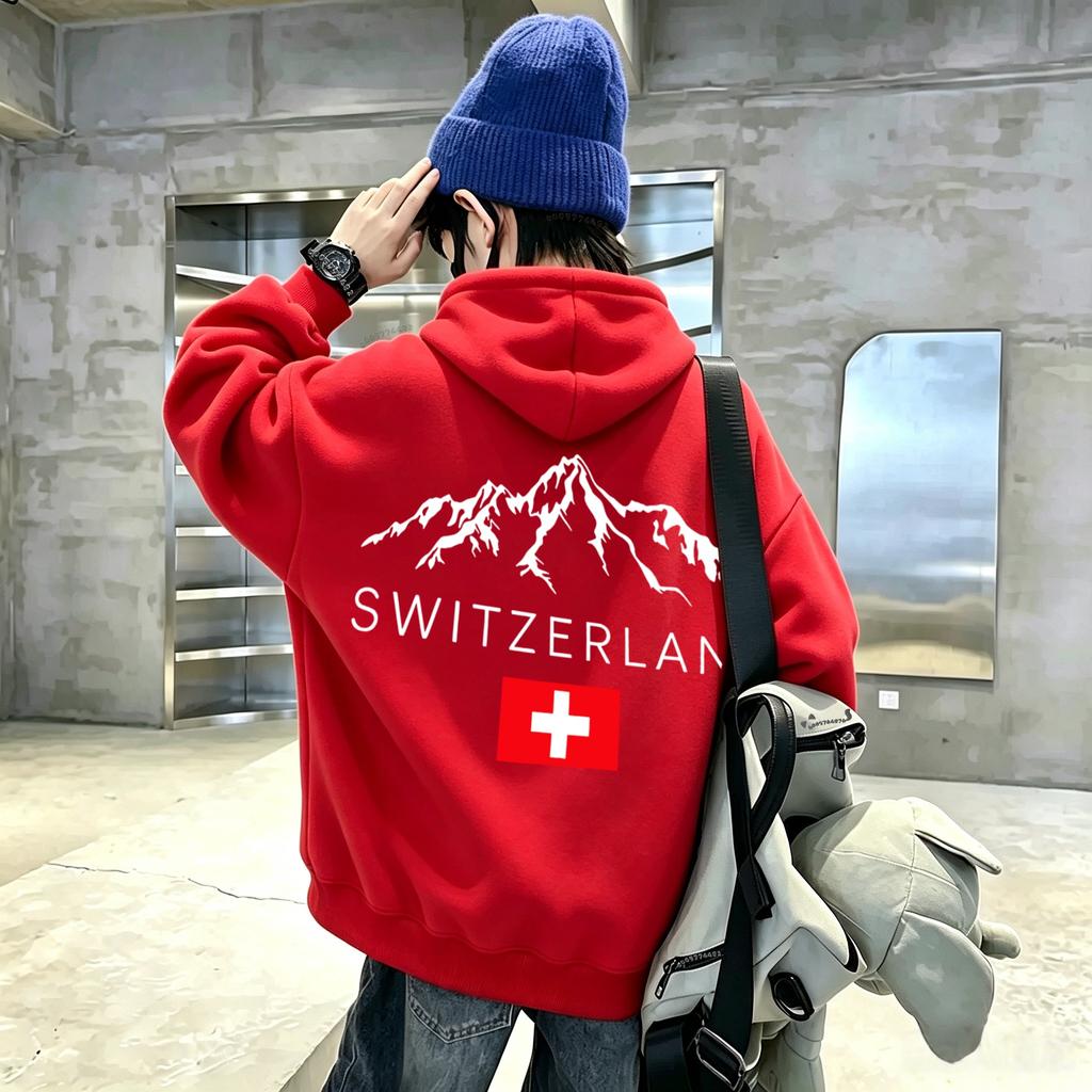 Neuestes Modell Alpine Mountain Schweizer Kreuz-Flaggenmuster Lässiges Langarm-Kapuzenshirt - Kinder Street Style Kapuzenoberteil