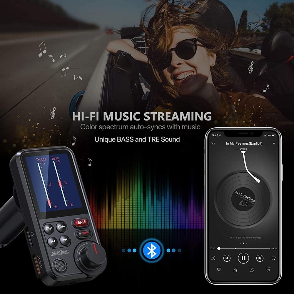 1.8 Inch Wireless Car Bluetooth FM Transmitter Aux Supports QC3.0 Charging Treble and Bass Sound Music Player