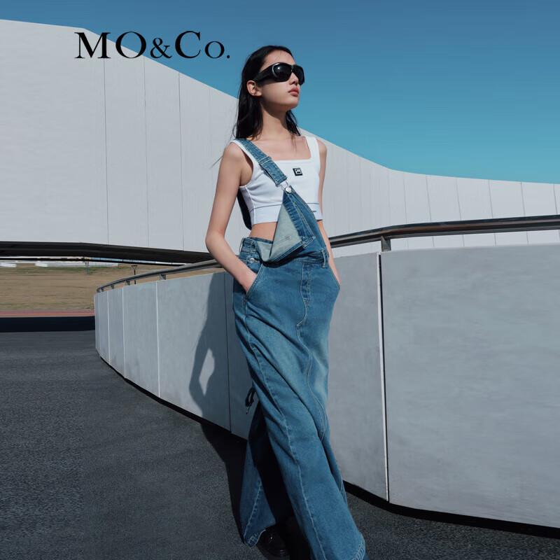 MO&Co. Women's Washed Blue Denim A-Line Overall Dress
