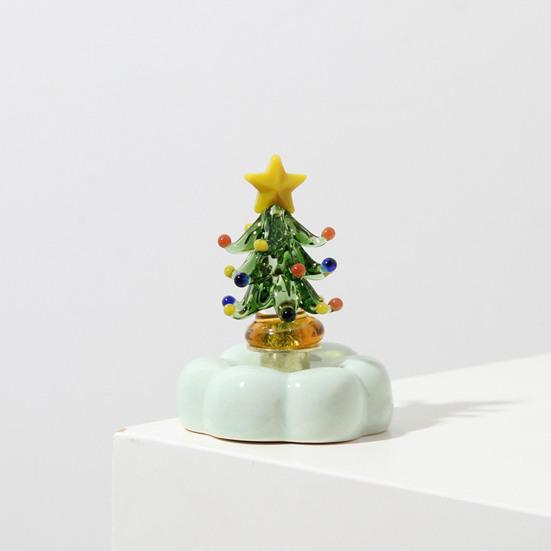Hand Glazed Craft for Anniversary Glass Christmas Tree Figurine with Rotating Ceramic Base, Handmade Art Holiday Ornament Car Dashboard Desk Decor And