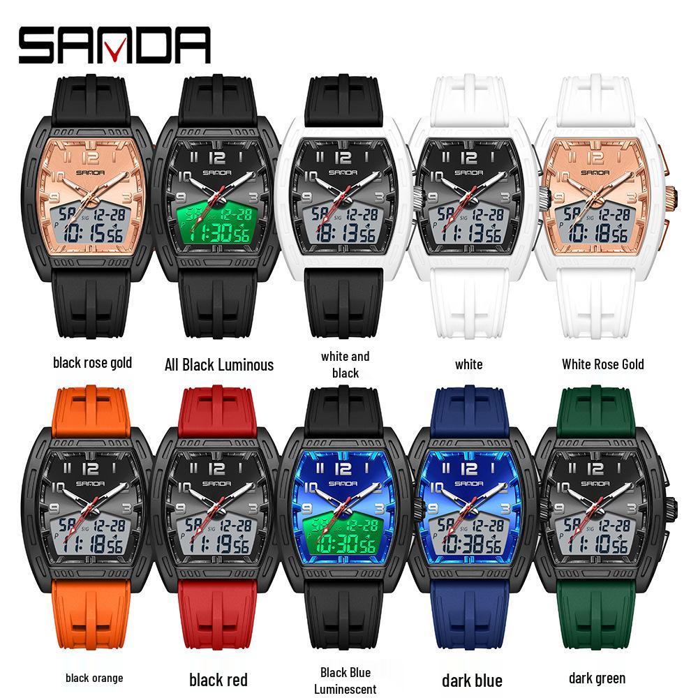 SANDA Men's Waterproof Luminous Sports Watch - Countdown & Multifunctional Barrel-Shaped Electronic Watch with Large Dial