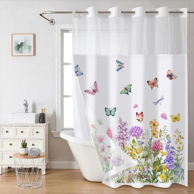 No Hook Floral and Butterfly Shower Curtain With Snap-in Fabric Liner, Sheer Top Window, Waterproof Double Layer Bathtub Curtain