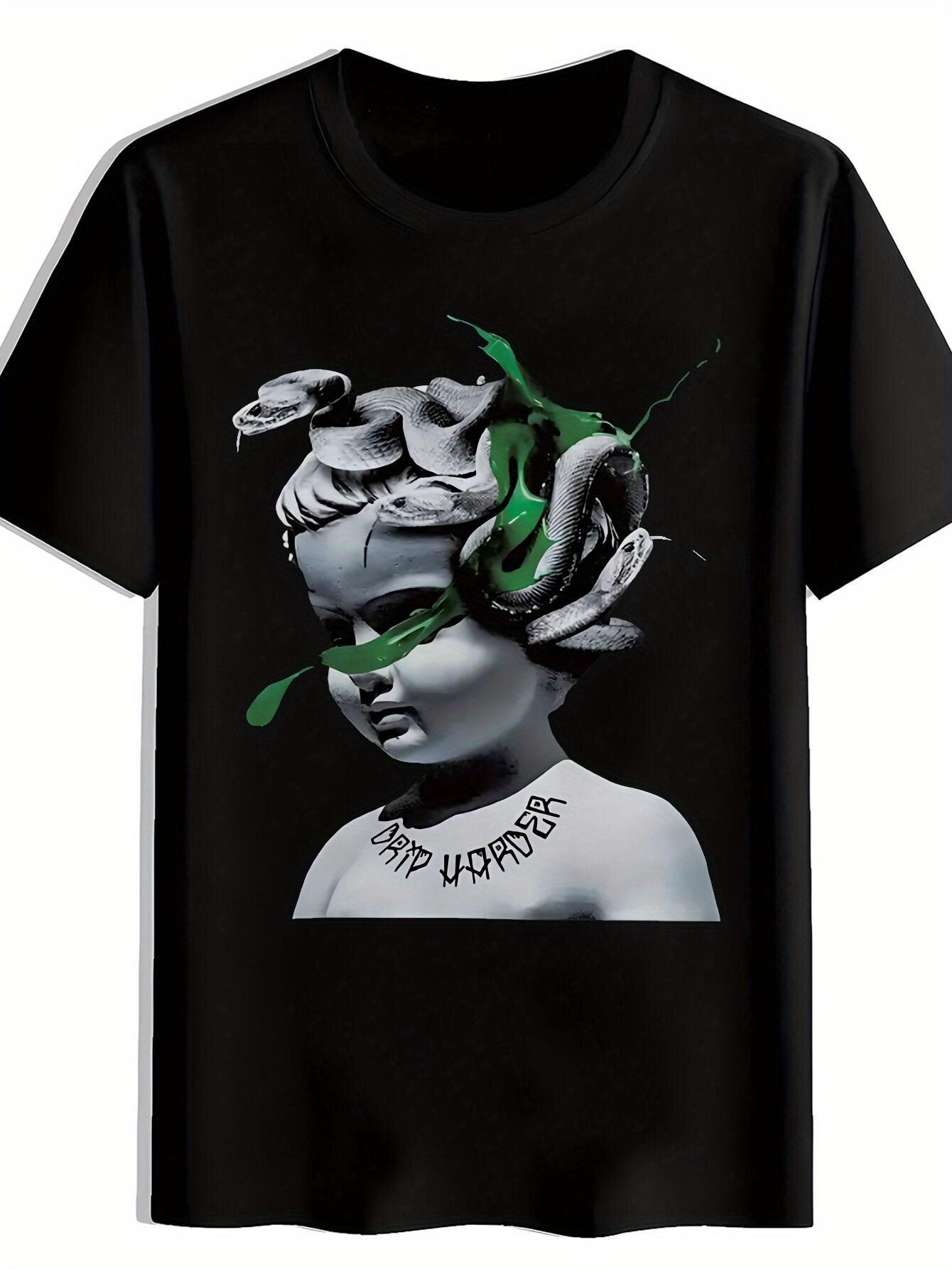 T-shirt Angel Statue Snake Print - Black Casual Summer Tee with Green & White Design XS
