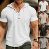 Summer Men Top Hooded Drawstring Solid Color Short Sleeves Pullover Waffle Texture Slim Fit Casual Daily Wear Mid Length Hoodie