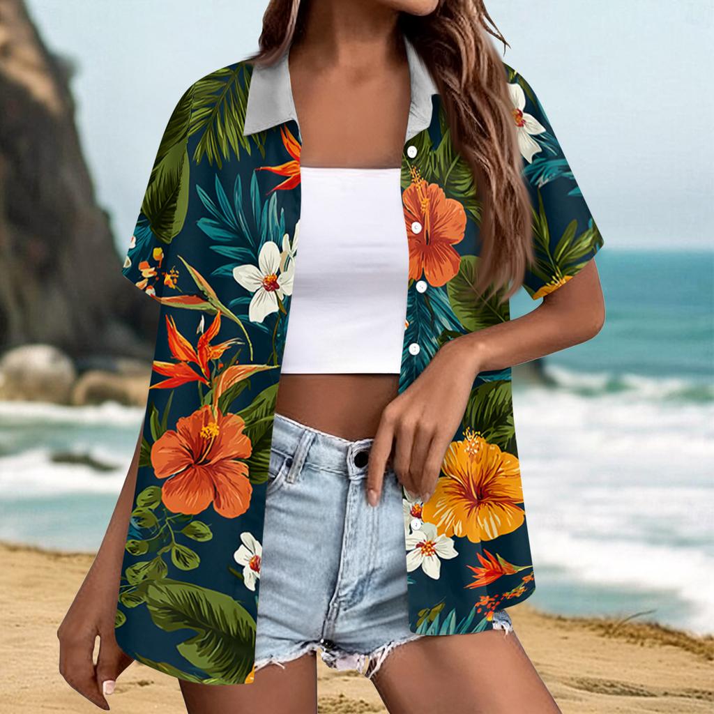Women's fashionable casual Hawaiian print short-sleeved button-down collar shirt top