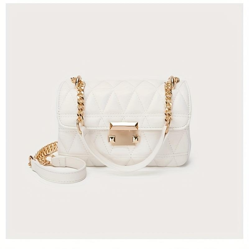 Chic Quilted Diamond Chain Crossbody Bag for Women Elegant Purse with Golden-Tone Hardware, Black, Retro Style, Fixed Shoulder Strap, Embossed Design