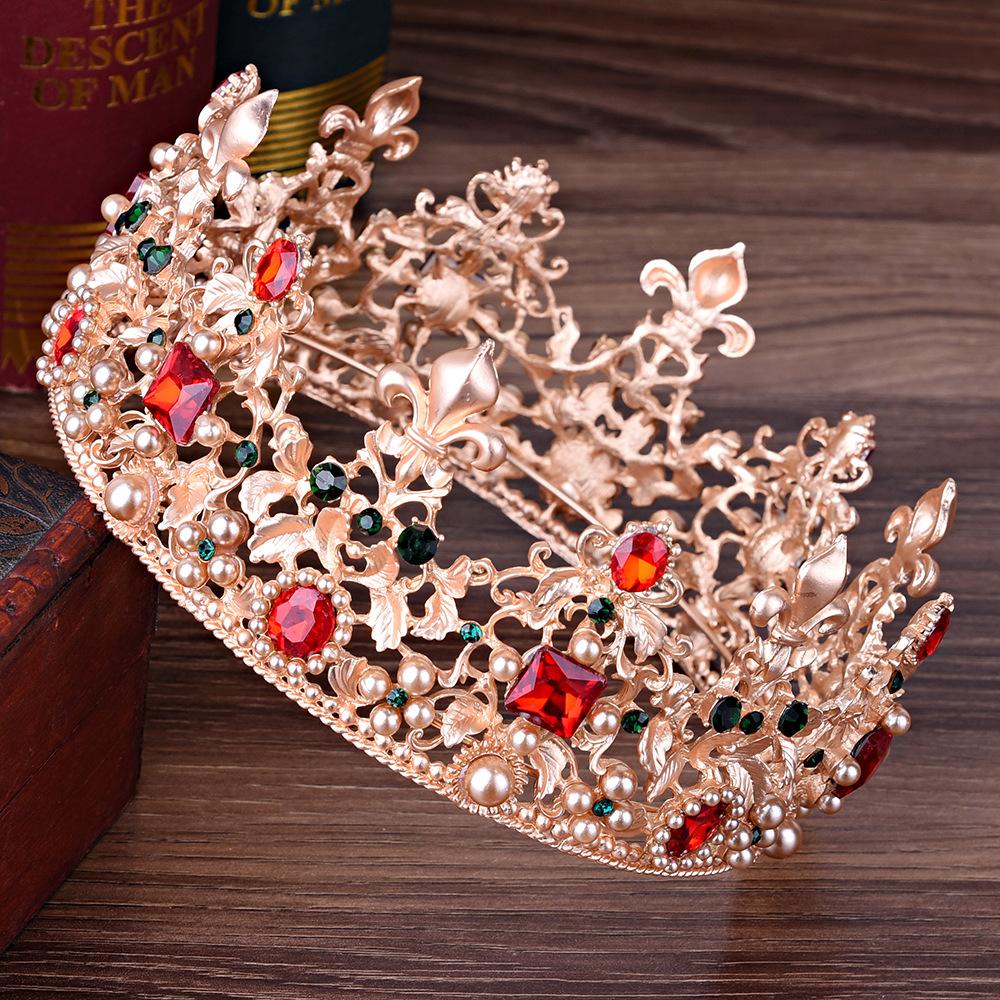 Wedding Retro Round Large Crown Luxurious Baroque Red Bridal Wedding Crown Earrings Set