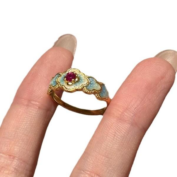 Vintage Retro Blue Flower Enamel Drip Glaze Ruby Ring Chinese Elegant And Noble Court Style Index Finger Ring
