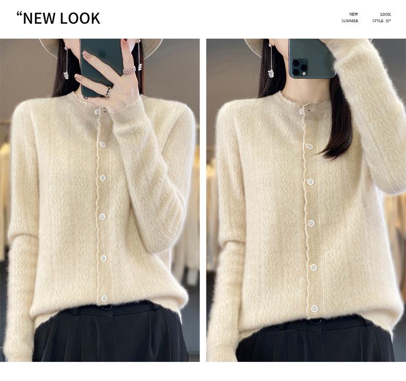 Women's Loose Knit Pure Wool Cardigan - Wheat Ear Design for Autumn Winter