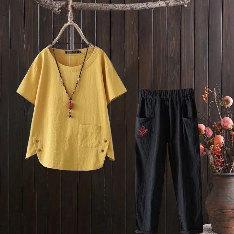 2pcs Cotton Linen Pants Suits Summer Women's Round Neck Cotton Linen Blouse Elastic Waist Cotton Linen Harem Pants Two-Piece Set Casual  Outfits