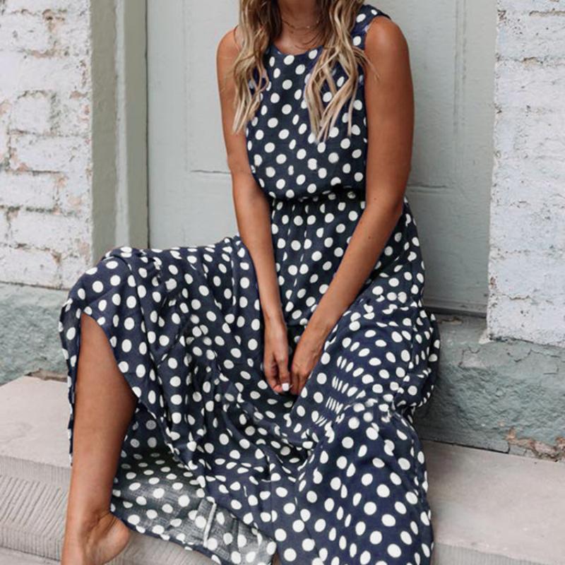 İlkbahar Yaz Modası Çok Yönlü Baskılı Polka Dot O-Yaka Uzun Kadın Elbiseleri