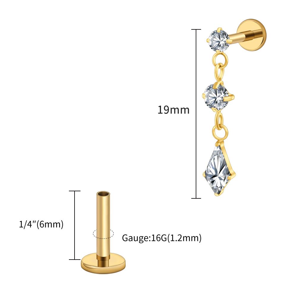 Right Grand ASTM F136 Titanium Dangling CZ Drop Piercing 16G Dangle Chain Kite Shape Cartilage Helix Stud Flat Back Earring